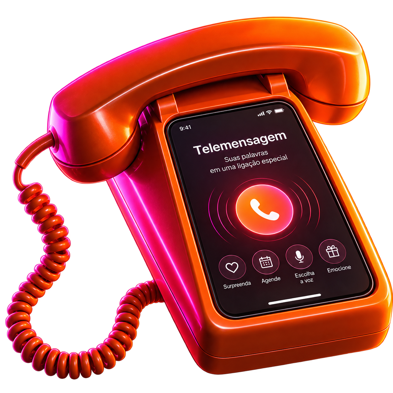 Telefone retrô laranja com tela de smartphone exibindo a TeleMensagem